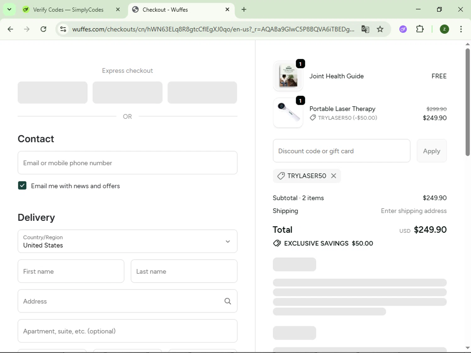 Wuffes discount code screenshot showing code TRYLASER50 applied at Wuffes checkout page. Uploaded by SimplyCodes community member dolce_codmax213 on Dec 4, 2025