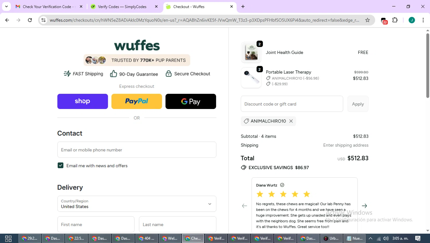 Wuffes discount code screenshot showing code ANIMALCHIRO10 applied at Wuffes checkout page. Uploaded by SimplyCodes community member SavvyCurator1770 on Nov 24, 2025