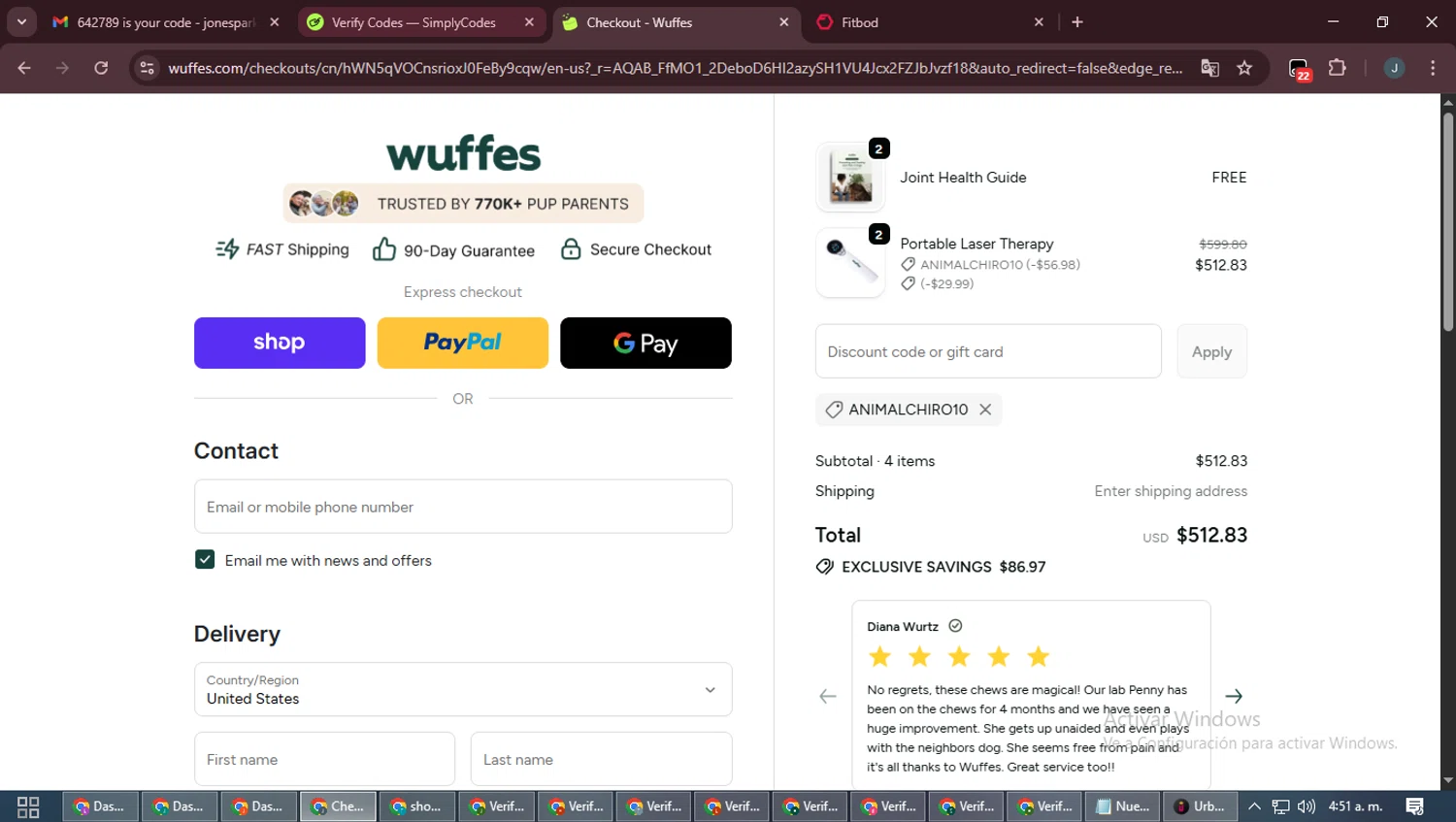 Wuffes discount code screenshot showing code ANIMALCHIRO10 applied at Wuffes checkout page. Uploaded by SimplyCodes community member ScanLynx8928 on Nov 29, 2025