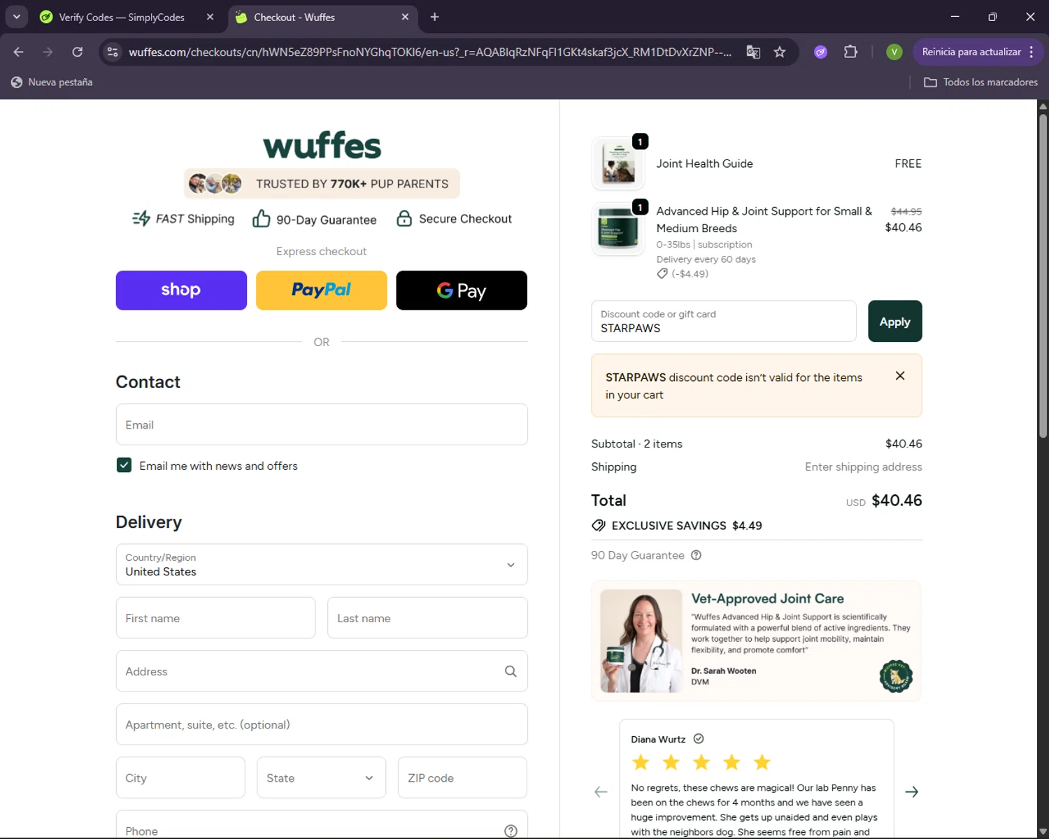 Wuffes discount code screenshot showing code STARPAWS applied at Wuffes checkout page. Uploaded by SimplyCodes community member CleverNavigator1236 on Nov 24, 2025
