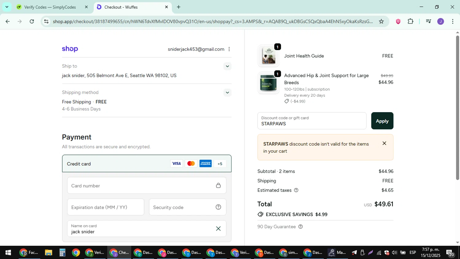Wuffes discount code screenshot showing code STARPAWS applied at Wuffes checkout page. Uploaded by SimplyCodes community member sniderjack453 on Dec 15, 2025