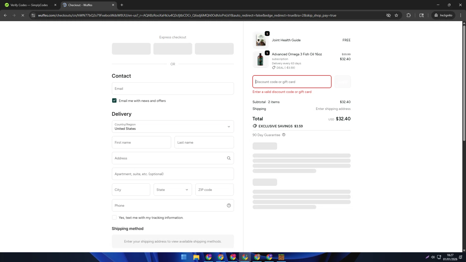 Wuffes discount code screenshot showing code LIQUIDGOLD applied at Wuffes checkout page. Uploaded by SimplyCodes community member AVATIGRITO on Jan 1, 2026