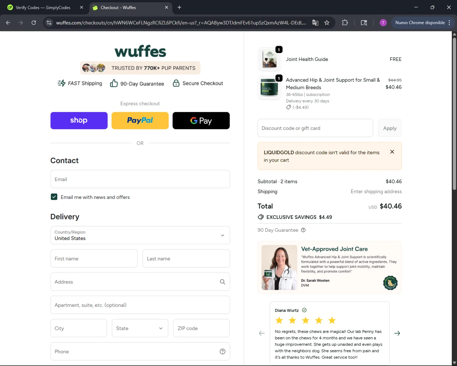 Wuffes discount code screenshot showing code LIQUIDGOLD applied at Wuffes checkout page. Uploaded by SimplyCodes community member CleverFinder9623 on Dec 17, 2025