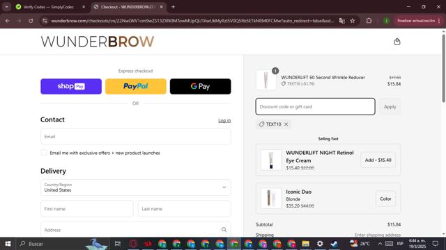 WUNDERBROW checkout page showing WUNDERBROW coupon code box | Screenshot taken by SimplyCodes community member on Mar 19, 2025