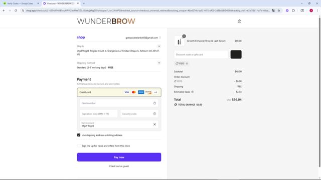 WUNDERBROW checkout page showing WUNDERBROW coupon code box | Screenshot taken by SimplyCodes community member on Sep 6, 2025