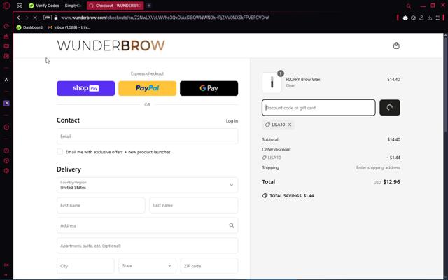 WUNDERBROW checkout page showing WUNDERBROW coupon code box | Screenshot taken by SimplyCodes community member on Mar 19, 2025