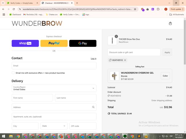WUNDERBROW checkout page showing WUNDERBROW coupon code box | Screenshot taken by SimplyCodes community member on Mar 19, 2025