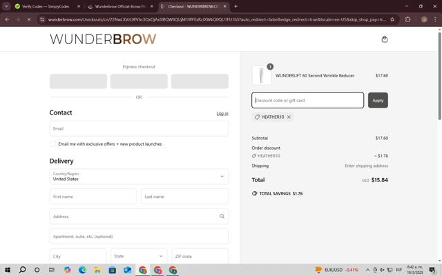 WUNDERBROW checkout page showing WUNDERBROW coupon code box | Screenshot taken by SimplyCodes community member on Mar 19, 2025