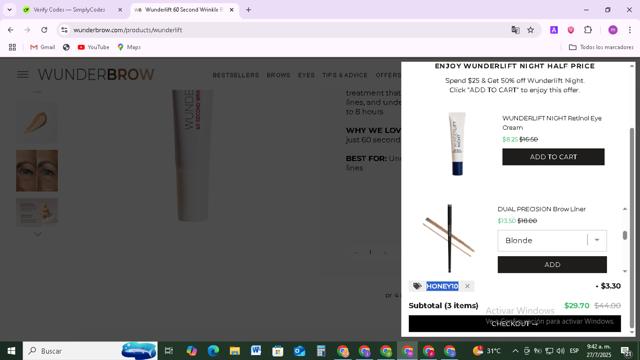 WUNDERBROW checkout page showing WUNDERBROW coupon code box | Screenshot taken by SimplyCodes community member on Jul 27, 2025