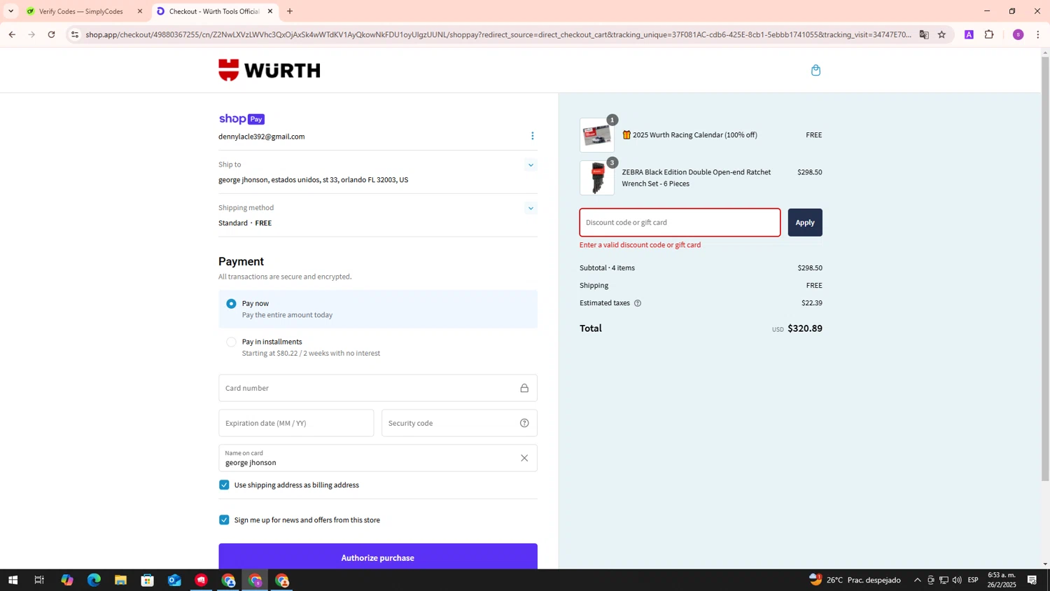 Wurth Tools promo code screenshot showing code PRESDAY applied at Wurth Tools checkout page. Uploaded by SimplyCodes community member ScanPhoenix3196 on Feb 26, 2025