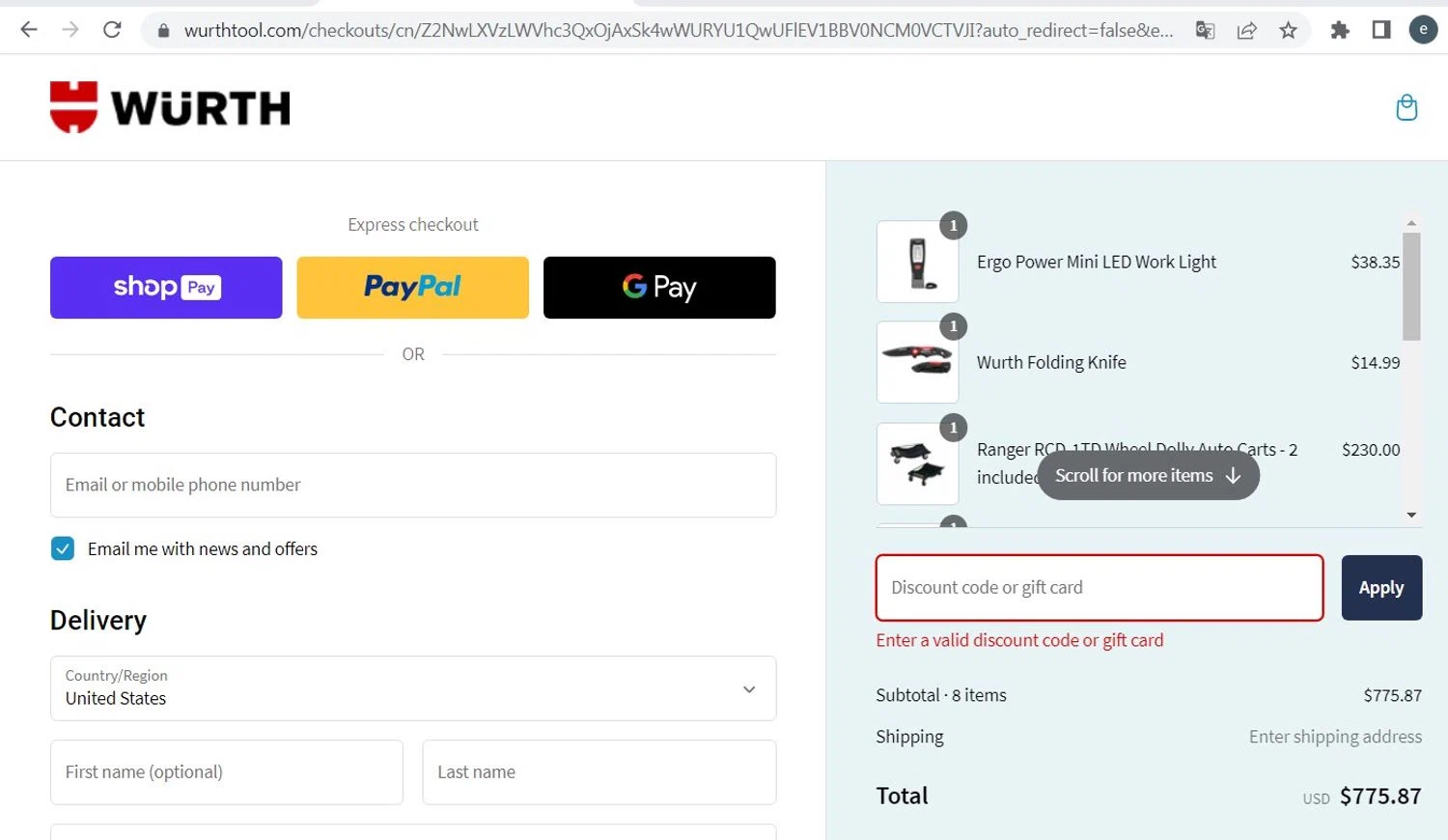 Wurth Tools promo code screenshot showing code PRESDAY applied at Wurth Tools checkout page. Uploaded by SimplyCodes community member CodeAdmiral9002 on Feb 26, 2025