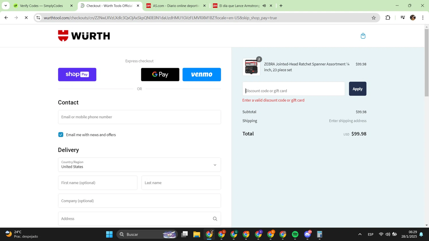 Wurth Tools promo code screenshot showing code MEMORIAL25 applied at Wurth Tools checkout page. Uploaded by SimplyCodes community member alfredish on Jan 28, 2025