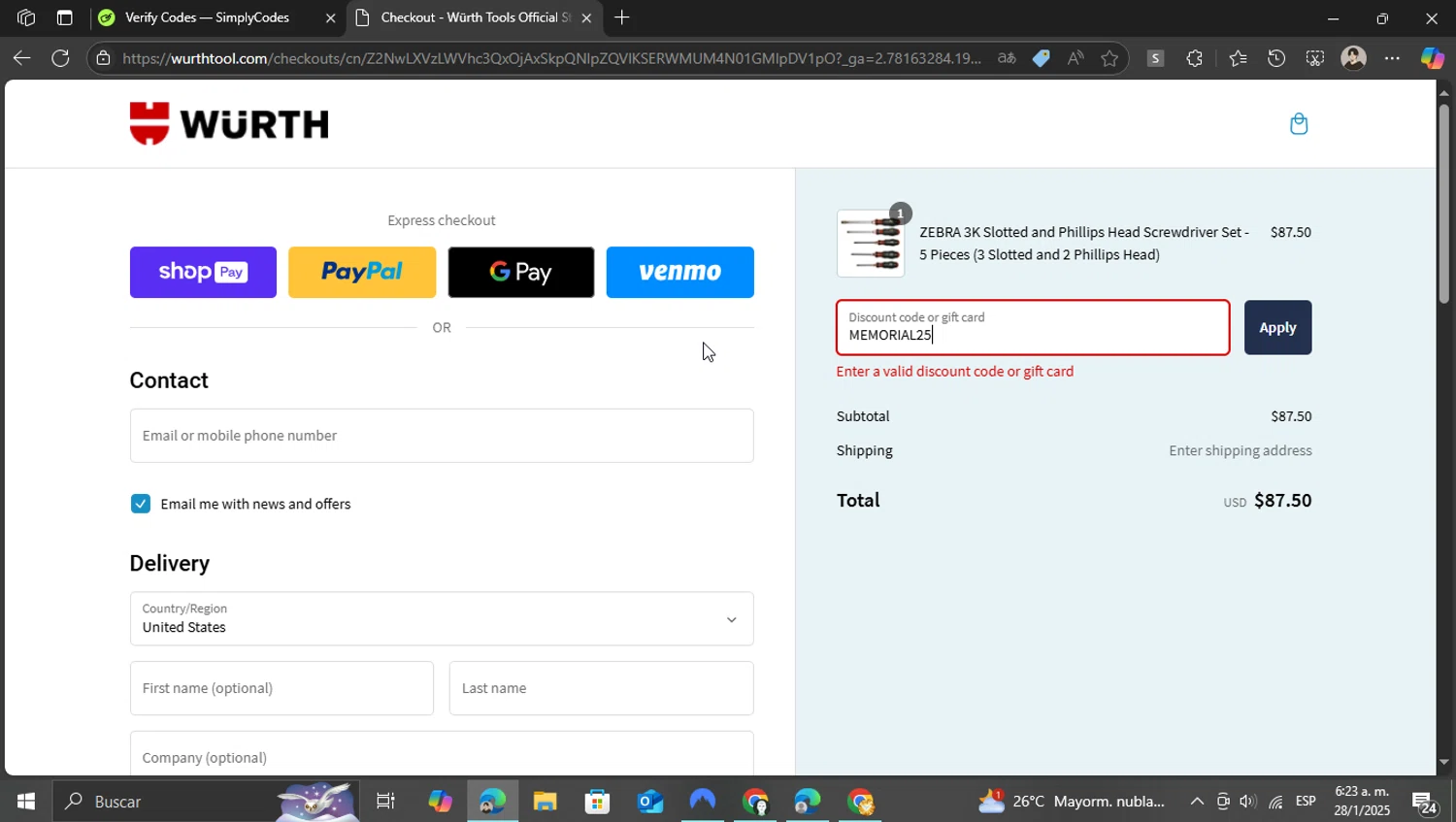 Wurth Tools promo code screenshot showing code MEMORIAL25 applied at Wurth Tools checkout page. Uploaded by SimplyCodes community member WonderKnight7884 on Jan 28, 2025
