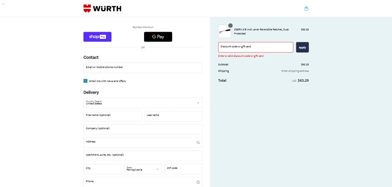Wurth Tools promo code screenshot showing code DAD20 applied at Wurth Tools checkout page. Uploaded by SimplyCodes community member CashSentinel5495 on Jan 28, 2025