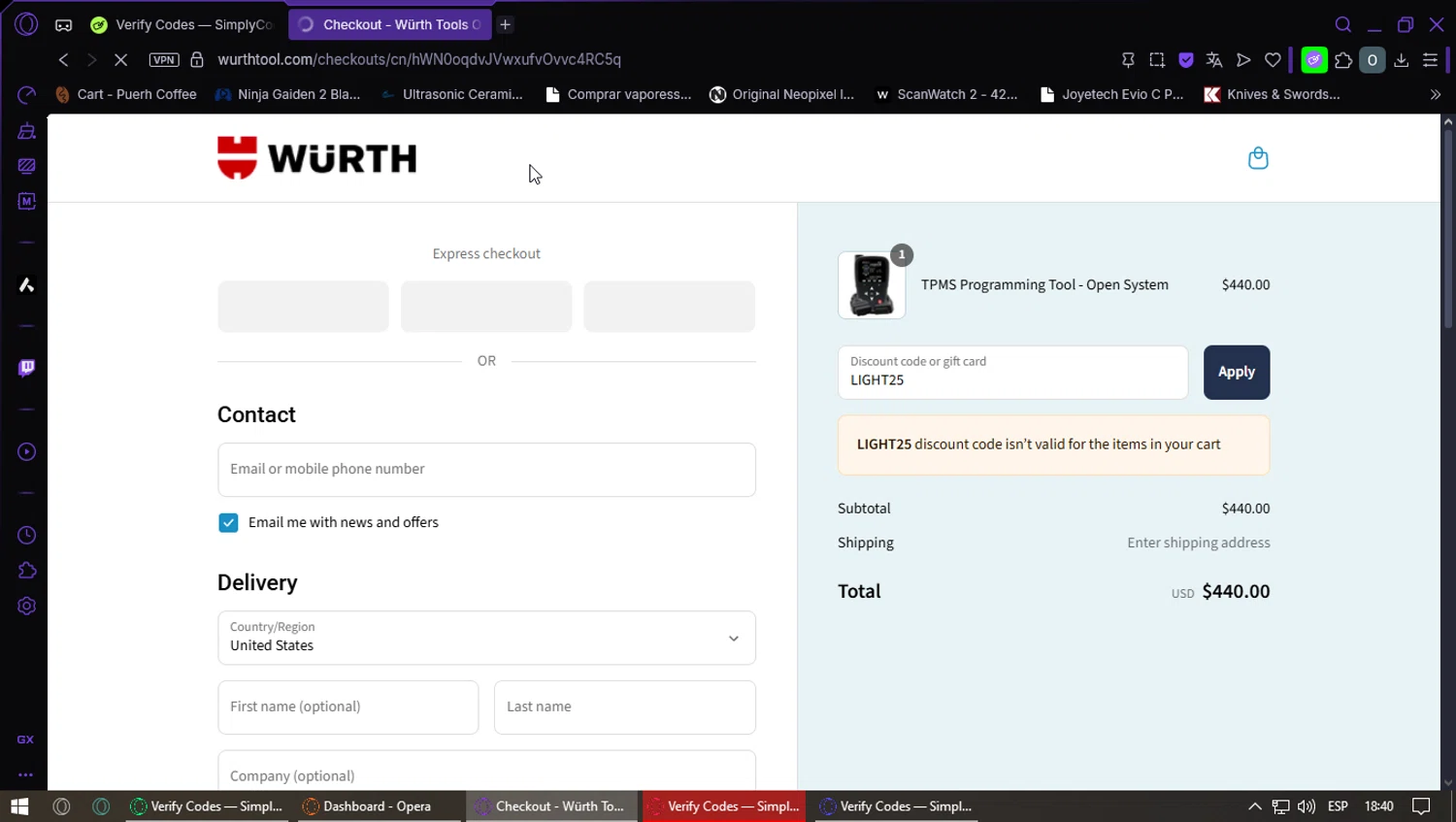 Wurth Tools promo code screenshot showing code LIGHT25 applied at Wurth Tools checkout page. Uploaded by SimplyCodes community member GoldMaestro7871 on Jul 19, 2025