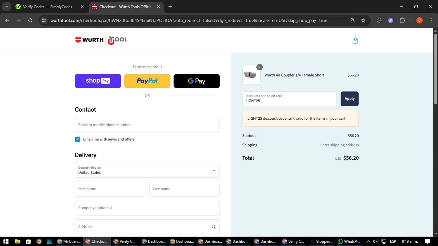 Wurth Tools promo code screenshot showing code LIGHT25 applied at Wurth Tools checkout page. Uploaded by SimplyCodes community member NatanaelCano on Aug 23, 2025