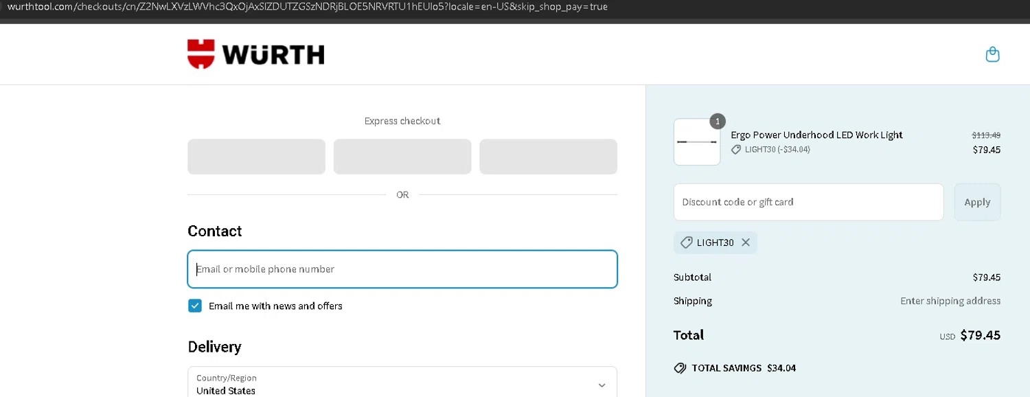 Wurth Tools promo code screenshot showing code LIGHT30 applied at Wurth Tools checkout page. Uploaded by SimplyCodes community member anleo1225 on May 16, 2025