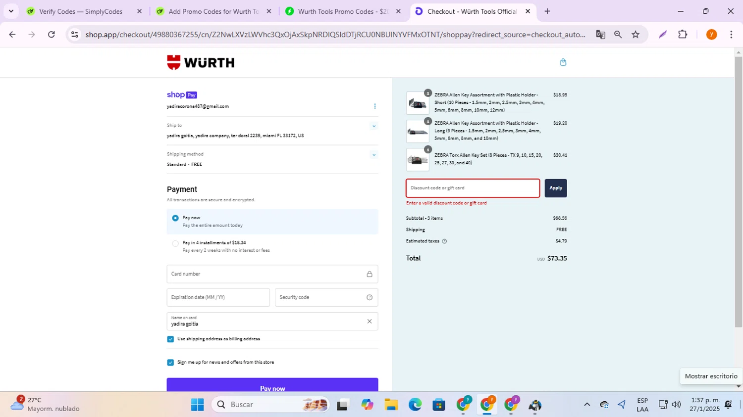Wurth Tools promo code screenshot showing code DAD20 applied at Wurth Tools checkout page. Uploaded by SimplyCodes community member ycg487 on Jan 27, 2025