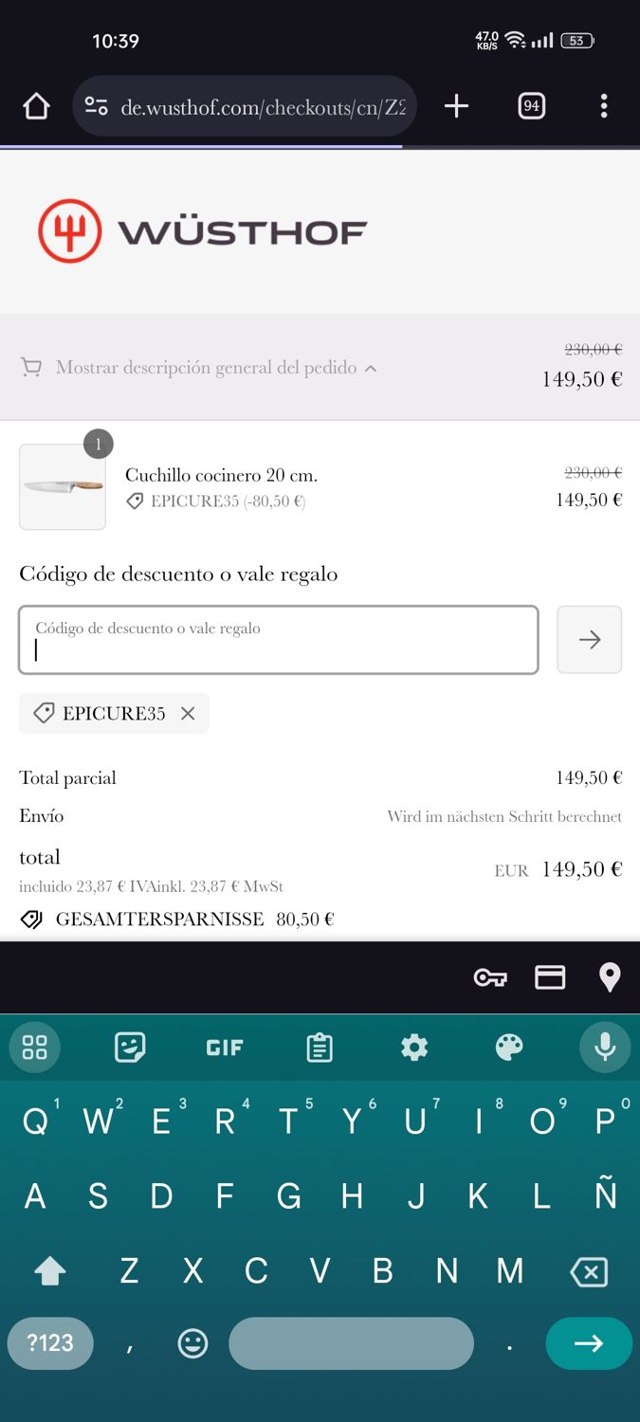Wusthof checkout page showing Wusthof discount code box | Screenshot taken by SimplyCodes community member on Dec 19, 2023