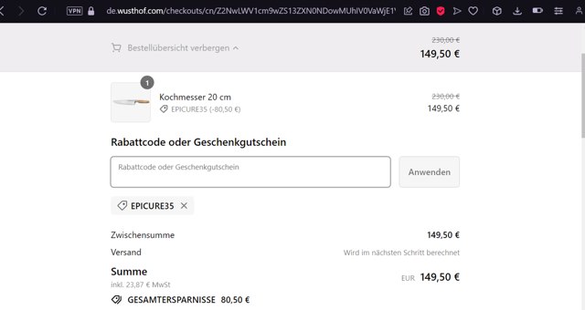 Wusthof checkout page showing Wusthof discount code box | Screenshot taken by SimplyCodes community member on Dec 17, 2023