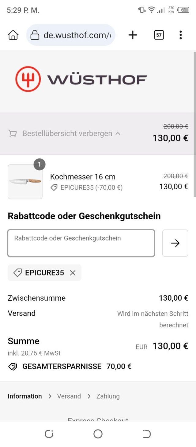 Wusthof checkout page showing Wusthof discount code box | Screenshot taken by SimplyCodes community member on Dec 10, 2023