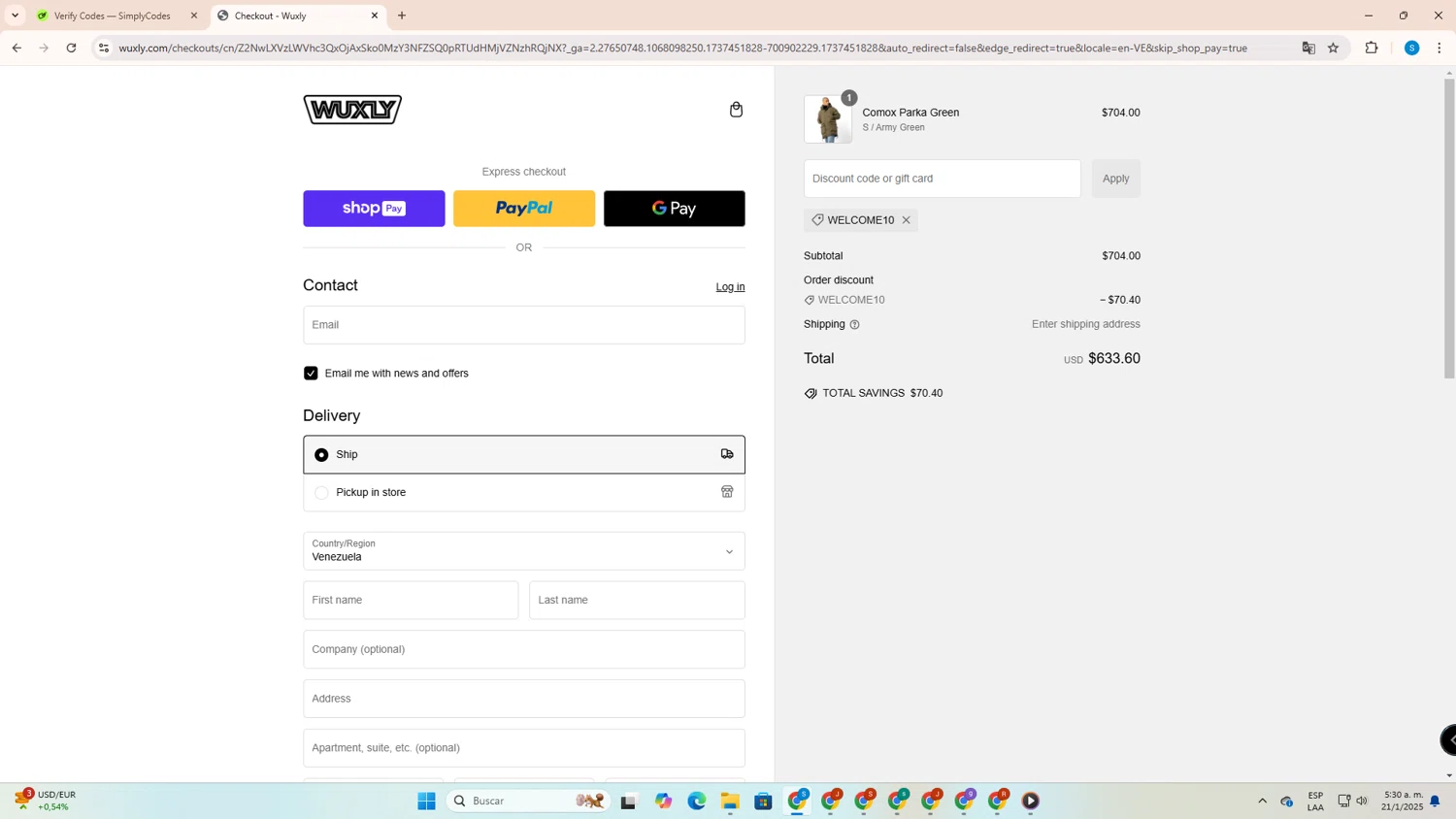 Wuxly discount code screenshot showing code WELCOME10 applied at Wuxly checkout page. Uploaded by SimplyCodes community member SalvadorC1 on Jan 21, 2025