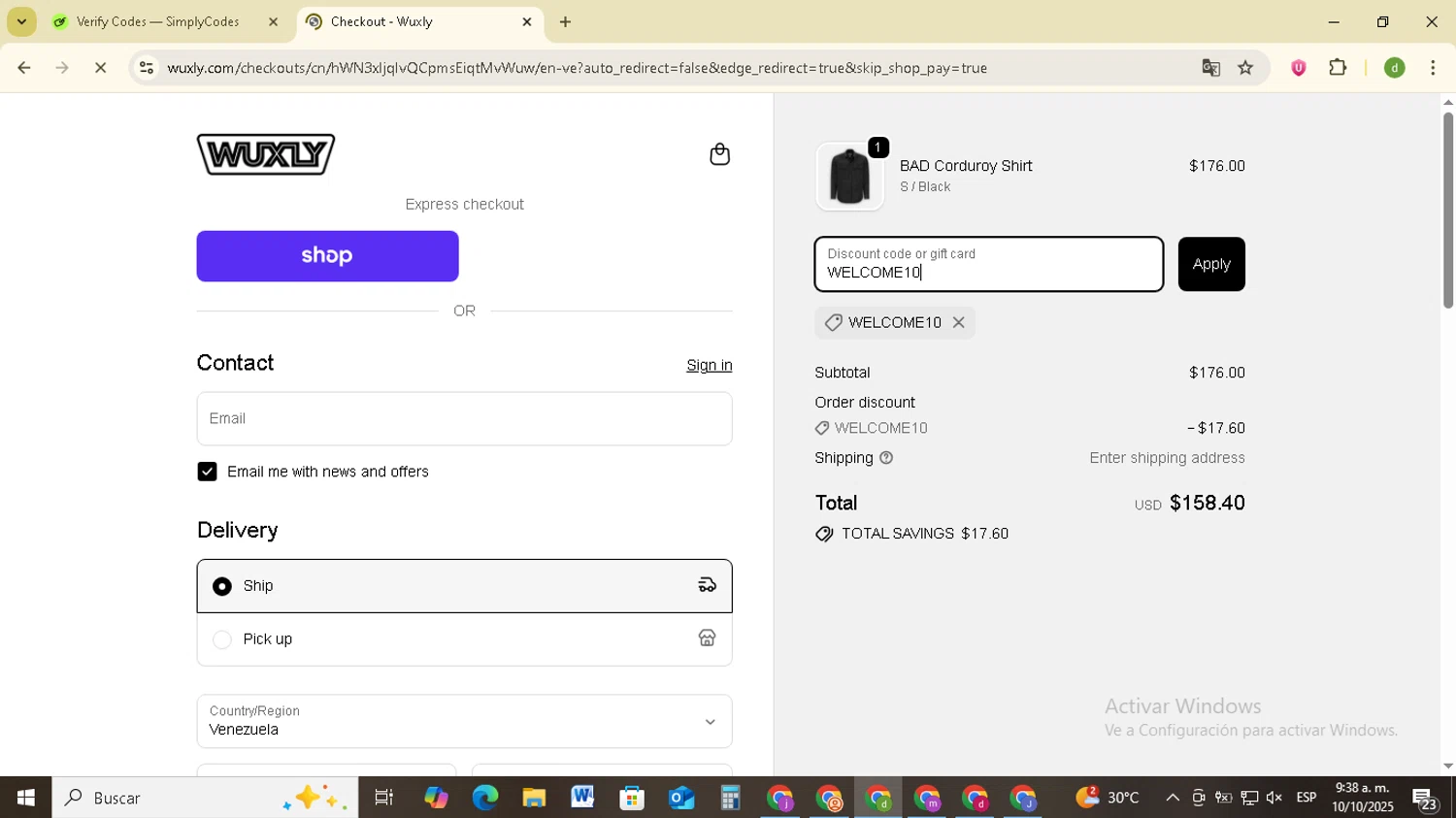 Wuxly discount code screenshot showing code WELCOME10 applied at Wuxly checkout page. Uploaded by SimplyCodes community member SavingsSentinel833 on Oct 10, 2025
