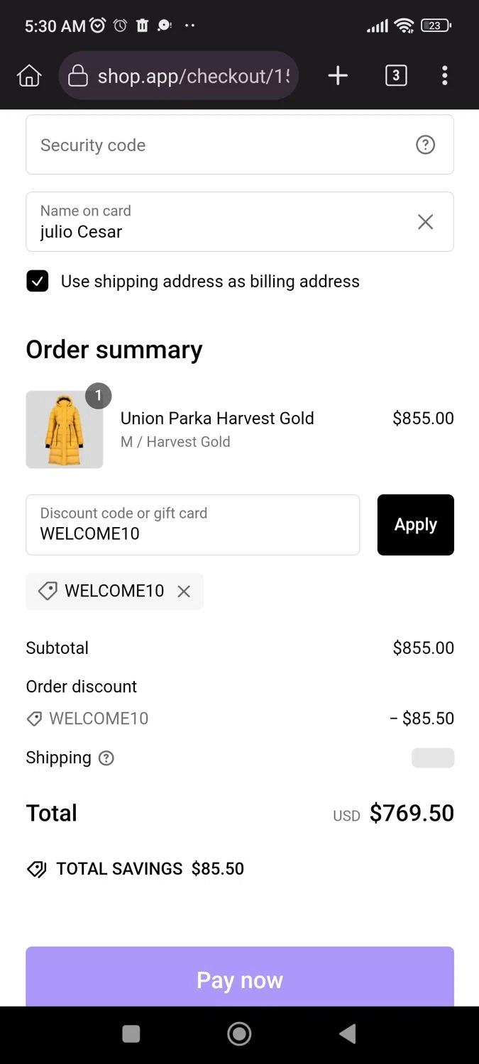 Wuxly discount code screenshot showing code WELCOME10 applied at Wuxly checkout page. Uploaded by SimplyCodes community member CrownLion2750 on Jan 21, 2025