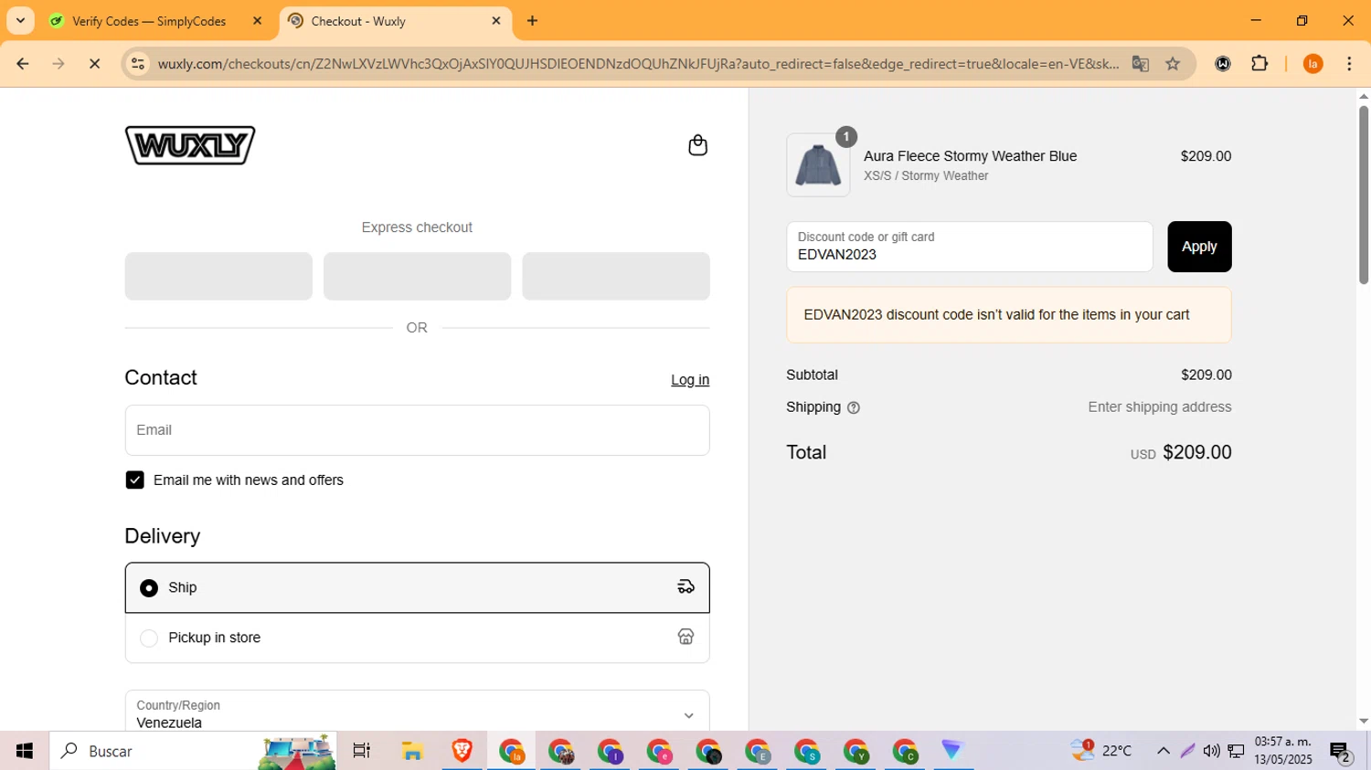 Wuxly discount code screenshot showing code EDVAN2023 applied at Wuxly checkout page. Uploaded by SimplyCodes community member LegendaryFox4384 on May 13, 2025