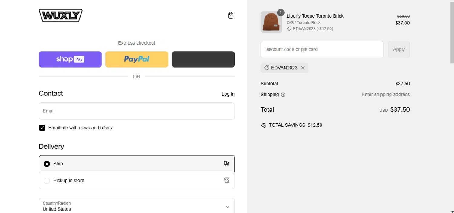 Wuxly discount code screenshot showing code EDVAN2023 applied at Wuxly checkout page. Uploaded by SimplyCodes community member rosatulos_423295234 on Mar 13, 2025