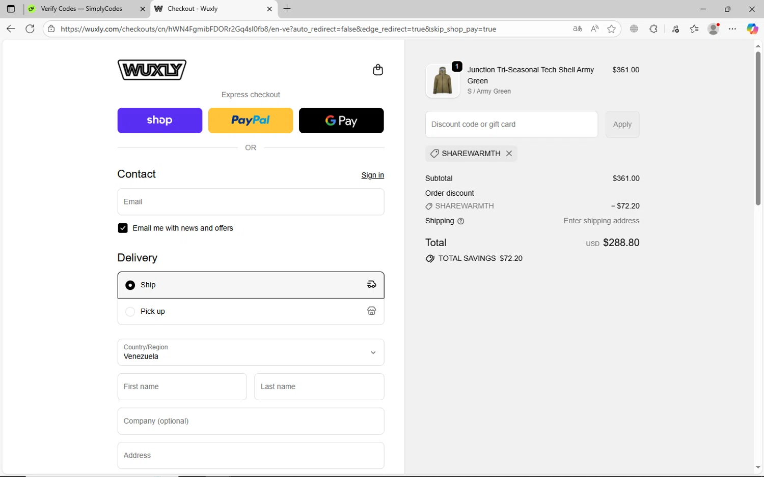 Wuxly discount code screenshot showing code SHAREWARMTH applied at Wuxly checkout page. Uploaded by SimplyCodes community member jhoanDepp on Oct 18, 2025