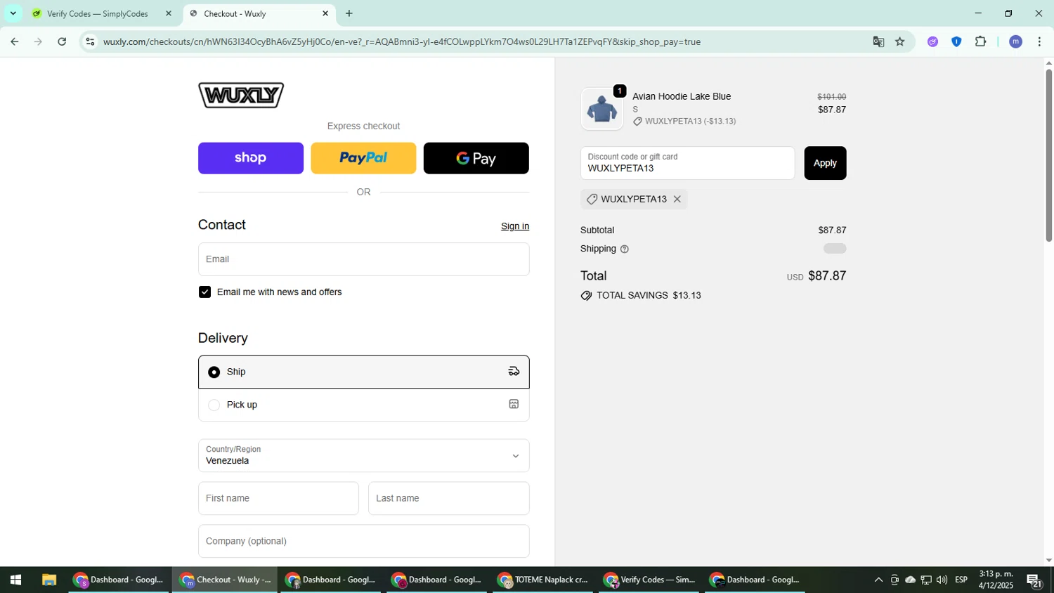 Wuxly discount code screenshot showing code WUXLYPETA13 applied at Wuxly checkout page. Uploaded by SimplyCodes community member QuestDefender2661 on Dec 4, 2025