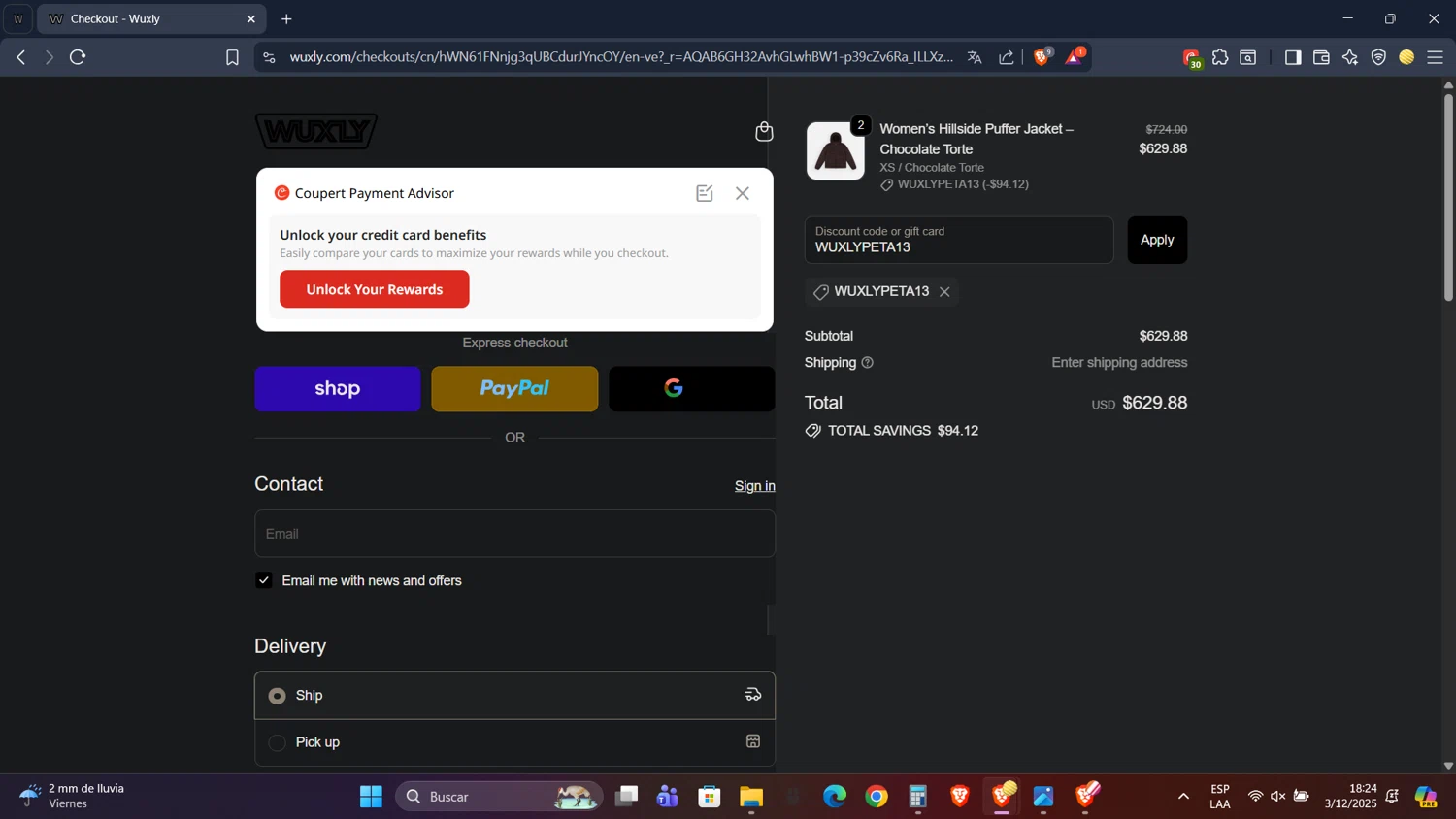 Wuxly discount code screenshot showing code WUXLYPETA13 applied at Wuxly checkout page. Uploaded by SimplyCodes community member PennyScholar593 on Dec 3, 2025