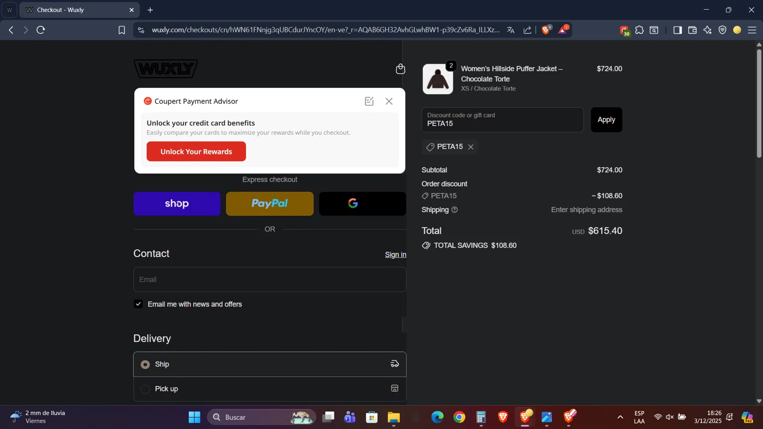 Wuxly discount code screenshot showing code PETA15 applied at Wuxly checkout page. Uploaded by SimplyCodes community member PennyScholar593 on Dec 3, 2025