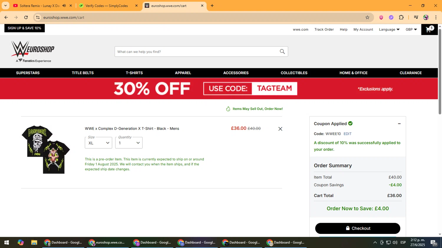 WWE Euroshop promo code screenshot showing code WWEE10 applied at WWE Euroshop checkout page. Uploaded by SimplyCodes community member Vanmanuel on Jun 27, 2025