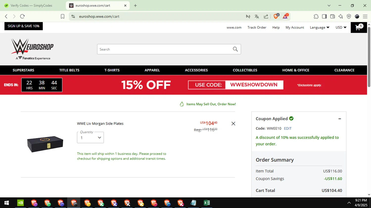 WWE Euroshop promo code screenshot showing code WWEE10 applied at WWE Euroshop checkout page. Uploaded by SimplyCodes community member EpicTiger6039 on Apr 10, 2025