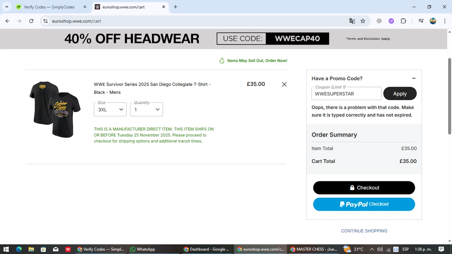 WWE Euroshop promo code screenshot showing code WWESUPERSTAR applied at WWE Euroshop checkout page. Uploaded by SimplyCodes community member EpicTracker8800 on Nov 18, 2025