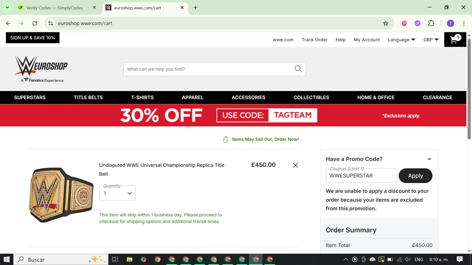 WWE Euroshop promo code screenshot showing code WWESUPERSTAR applied at WWE Euroshop checkout page. Uploaded by SimplyCodes community member FortunateCurator5882 on Oct 20, 2025
