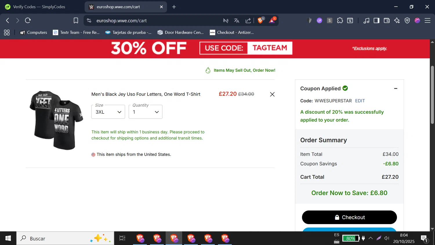 WWE Euroshop promo code screenshot showing code WWESUPERSTAR applied at WWE Euroshop checkout page. Uploaded by SimplyCodes community member doriangel3 on Oct 20, 2025