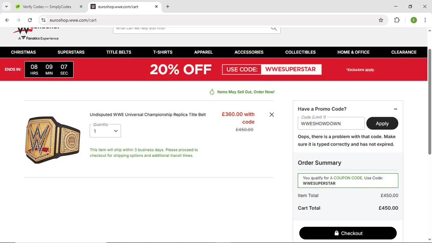 WWE Euroshop promo code screenshot showing code WWESHOWDOWN applied at WWE Euroshop checkout page. Uploaded by SimplyCodes community member DiscountScout1646 on Dec 3, 2025