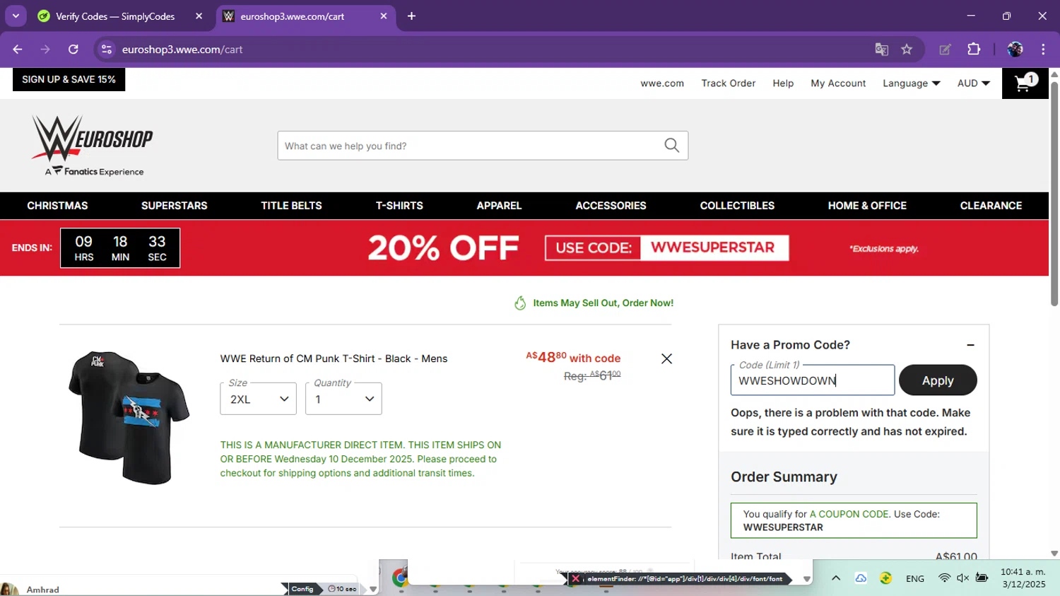 WWE Euroshop promo code screenshot showing code WWESHOWDOWN applied at WWE Euroshop checkout page. Uploaded by SimplyCodes community member Marielis on Dec 3, 2025
