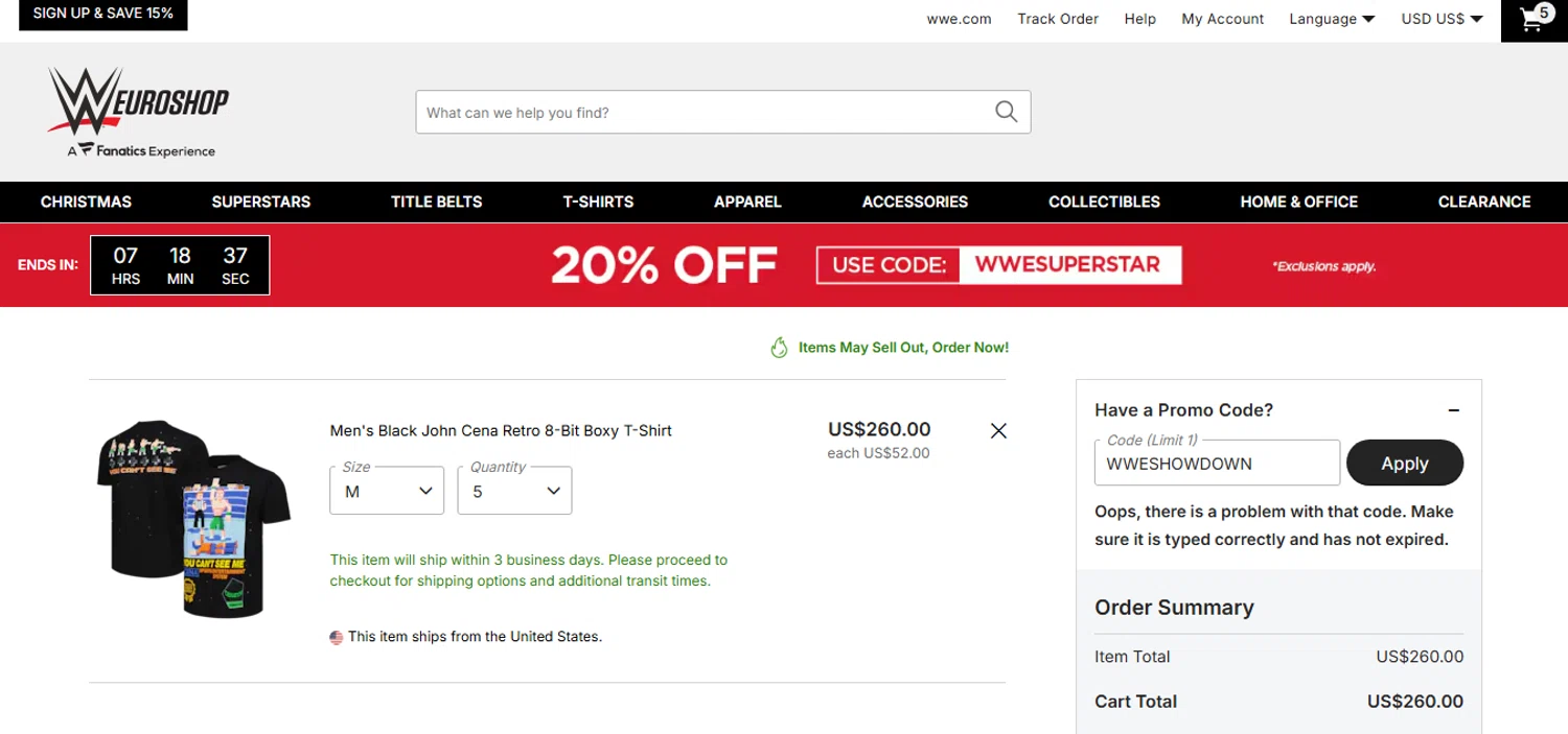 WWE Euroshop promo code screenshot showing code WWESHOWDOWN applied at WWE Euroshop checkout page. Uploaded by SimplyCodes community member MoneyHunter5624 on Dec 3, 2025