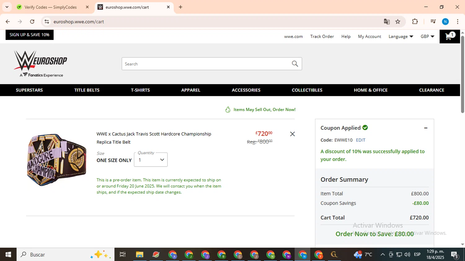 WWE Euroshop promo code screenshot showing code EWWE10 applied at WWE Euroshop checkout page. Uploaded by SimplyCodes community member CoinHawk678 on Apr 18, 2025