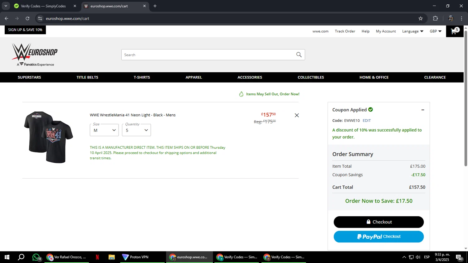 WWE Euroshop promo code screenshot showing code EWWE10 applied at WWE Euroshop checkout page. Uploaded by SimplyCodes community member xxdddd on Apr 4, 2025