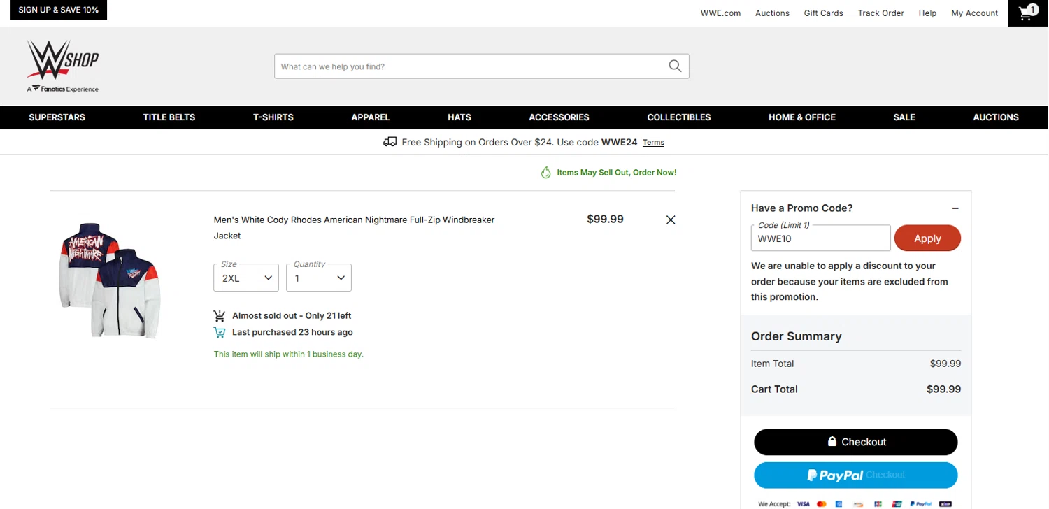 WWE Euroshop checkout page showing WWE Euroshop promo code box | Screenshot taken by SimplyCodes community member on Feb 4, 2026