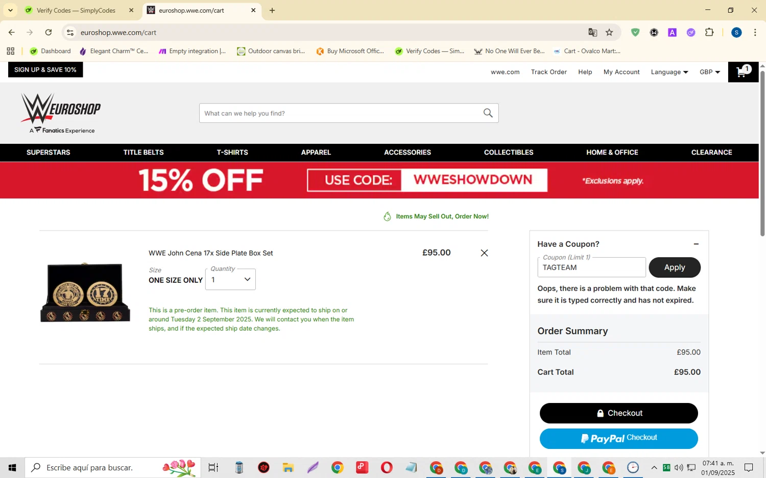 WWE Euroshop promo code screenshot showing code TAGTEAM applied at WWE Euroshop checkout page. Uploaded by SimplyCodes community member CleverOwl2485 on Sep 1, 2025