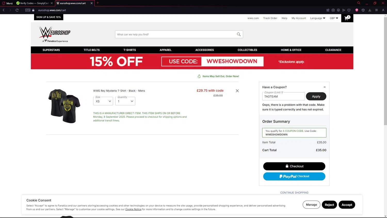 WWE Euroshop promo code screenshot showing code TAGTEAM applied at WWE Euroshop checkout page. Uploaded by SimplyCodes community member LegendarySeeker3956 on Sep 1, 2025