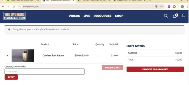 WoodWorkers Guild Of America checkout page showing WoodWorkers Guild Of America coupon code box | Screenshot taken by SimplyCodes community member on Feb 13, 2025