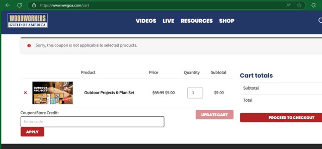 WoodWorkers Guild Of America checkout page showing WoodWorkers Guild Of America coupon code box | Screenshot taken by SimplyCodes community member on Feb 13, 2025