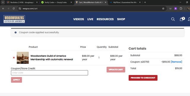 WoodWorkers Guild Of America checkout page showing WoodWorkers Guild Of America coupon code box | Screenshot taken by SimplyCodes community member on Sep 1, 2025